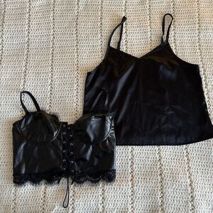 Black Satin And Faux Leather Size S Crop Top Bundle Set Of Two Tank Tops Blouses